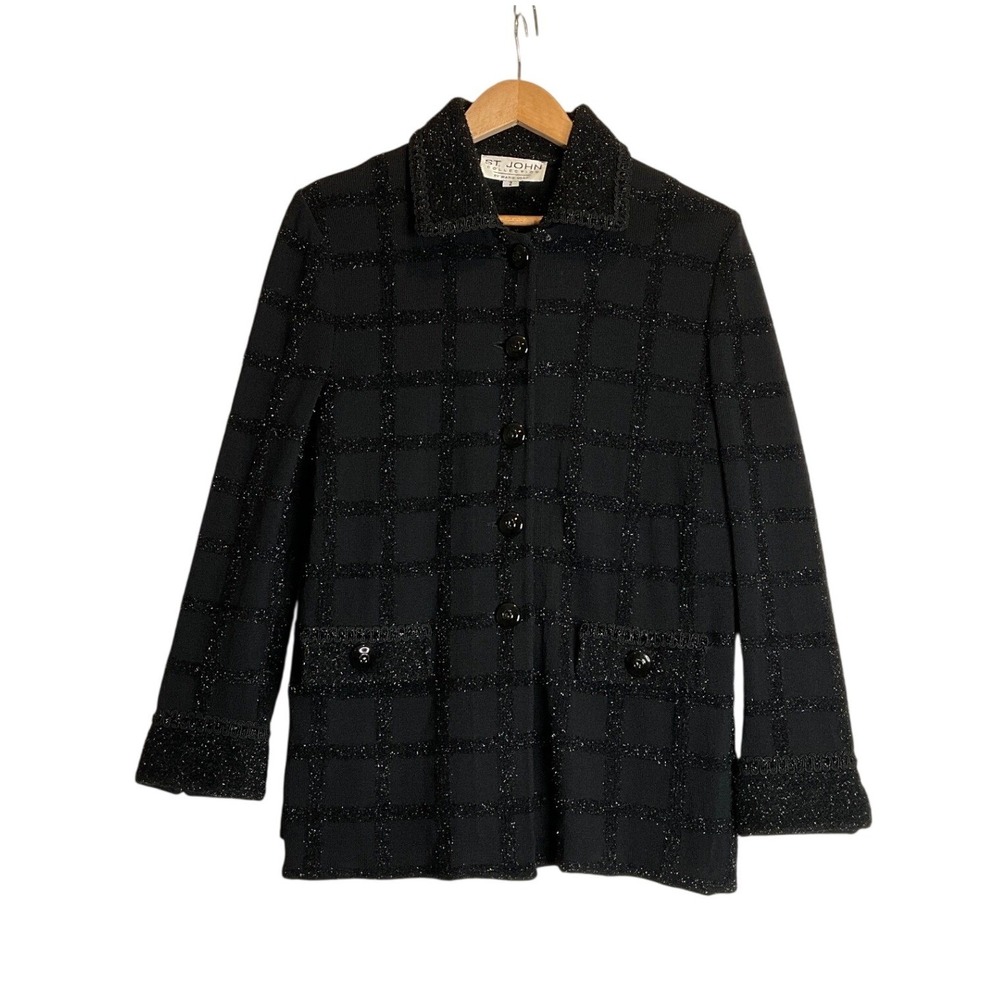 St. John Marie Wool Tweed Cardigan Jacket Blazer Sweater Santana Knit Metallic 2
